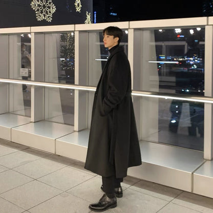 Winter Thickened Woolen Coat Men Warm Fashion Casual Long Woolen Coat Men Korean Loose Oversized Belt Woolen Coat Mens Overcoat