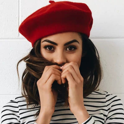 Boina de lã sintética quente de inverno feminina meninas artista francesa gorro chapéu vermelho preto roxo bege laranja Kawaii bonés de topo plano aquecedores