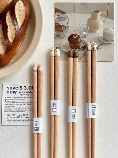 Hashis de Desenho Animado de Animais Fofos, Hashis de Madeira de Faia para Casais de Sushi, Utensílios de Jantar de Madeira Entalhados à Mão, Práticos e Bonitos