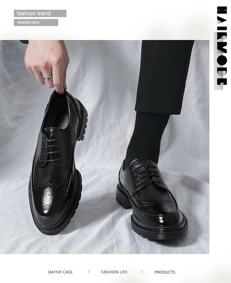 New leather shoes for young men British Brock formal business increase casual black wedding groom lace-up men's shoes