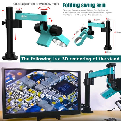 RF4 Microscópio Trinocular Estéreo Rotação 360° com Braço Articulado Suporte de Campo Amplo Câmera HDMI 4K Reparo de Solda de Placa PCB de Celular