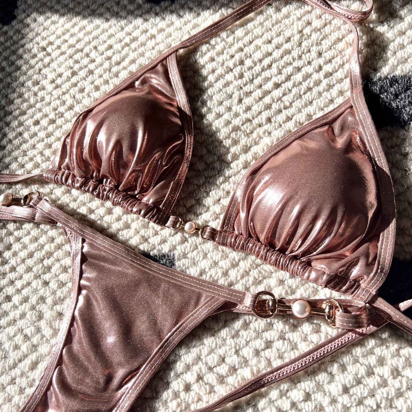 Shiny Pink Micro Bikini 2025 Mujer Women Sexy PU Pearls Push Up Thong Swimsuit Summer Bathing Suit Bandage Holiday Swimwear