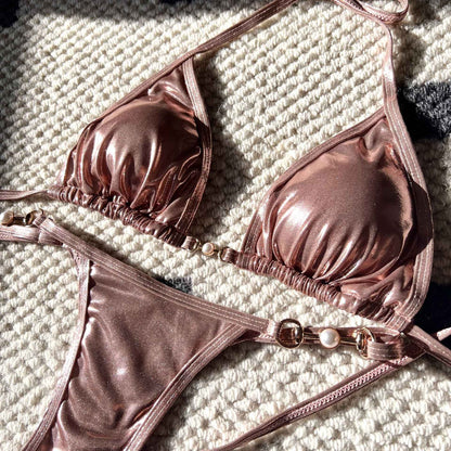 Shiny Pink Micro Bikini 2025 Mujer Women Sexy PU Pearls Push Up Thong Swimsuit Summer Bathing Suit Bandage Holiday Swimwear