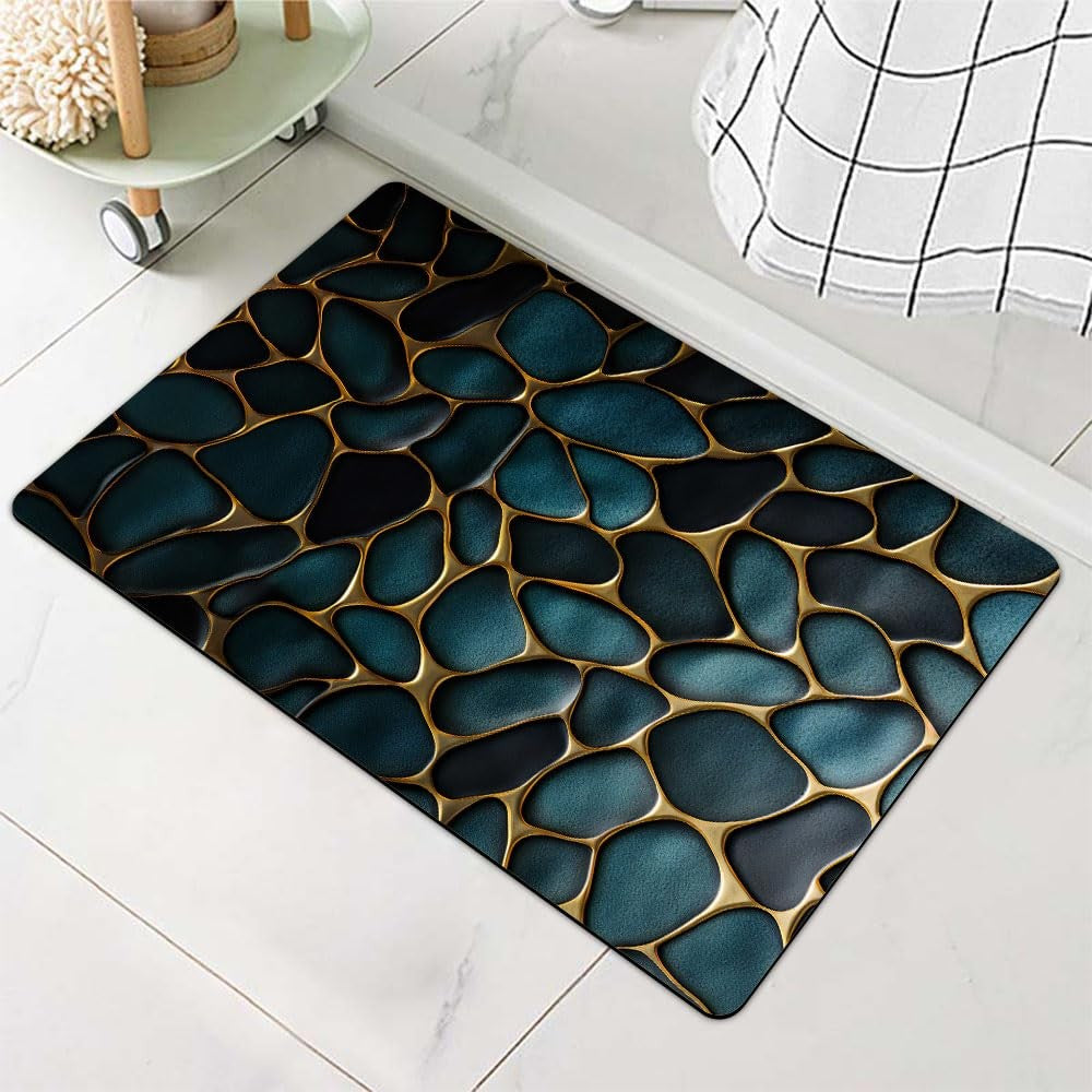 Diatomaceous Earth Bath Mat Blue and Gold Stones Non-Slip Volume Super Absorbent Fast Drying for Bathroom Kitchen Mat