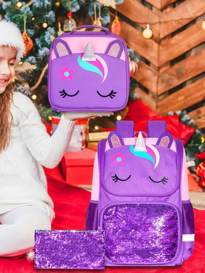 3PCS Unicorn Backpack, 15" Girls Sequin Bookbag with Lunch Box, Purple Kids School Bag for Elementary 2 sold