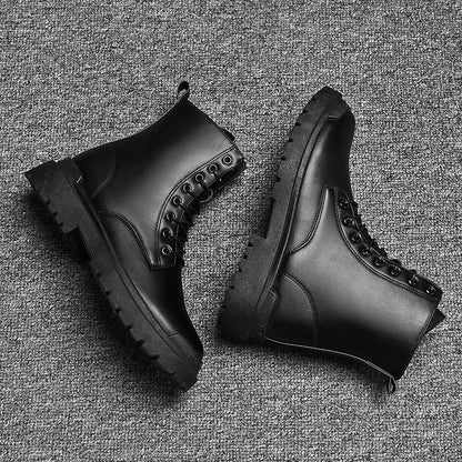 Black Men's Casual Leather Boots Fashion Winter Men Work Boot Mens Shoes Non-slip Designer High Top Ankle Boots Motorcycle Shoes