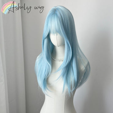 Lce Blue Wig with Bangs 22inch Middle Straight Hair Wig Lolita Nature Looking Headband Heat Resistant Fibers Synthetic Wigs ??