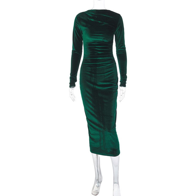 Dulzura 2024 Spring Summer Velvet Long Sleeve Midi Dress For Women Ruched Long D