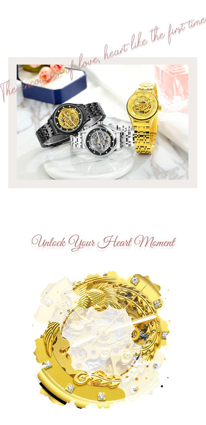 2024 Diamond Steel Skeleton Dial Golden Phoenix Women Fashion Automatic Watch Luxury Waterproof Mechanical Girl Wrist Lady Clock