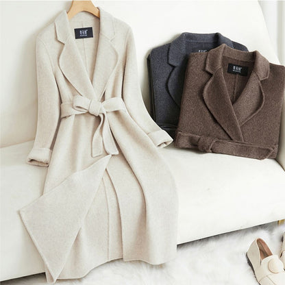 Grey Double-sided Cashmere Coat For women Slim For Autumn Winter New Winter High-end Temperament Thick Woolen Coats With belt