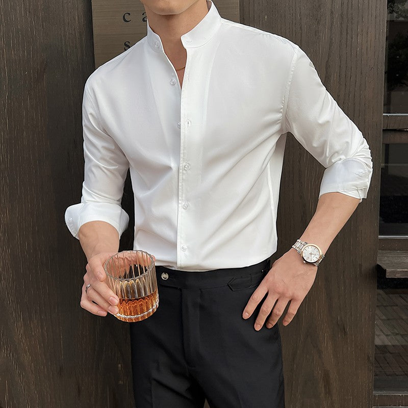 2025 Spring New Chinese Style High End Stand Up Collar Shirt Men's Long Sleeve Elastic Slimming Top Social Dress Shirt