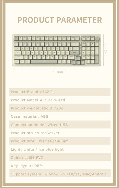 Teclado Mecânico com Fio Ajazz AK992, Layout Completo de 98 Teclas, Hot-Swap, Teclado USB para Jogos, Botão de Tecla Multimídia para Desktop PC Laptop