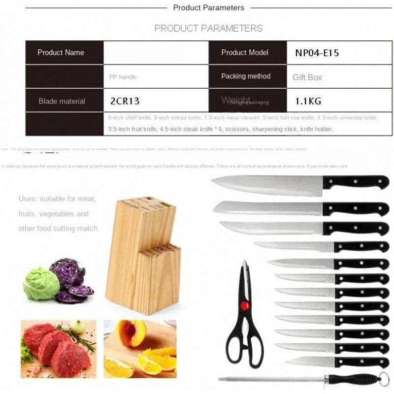 Conjunto de Facas de Cozinha 15 Peças com Bloco de Madeira, Conjunto de Facas de Bife de Aço Inoxidável e Tesoura, Conjunto de Facas Profissional