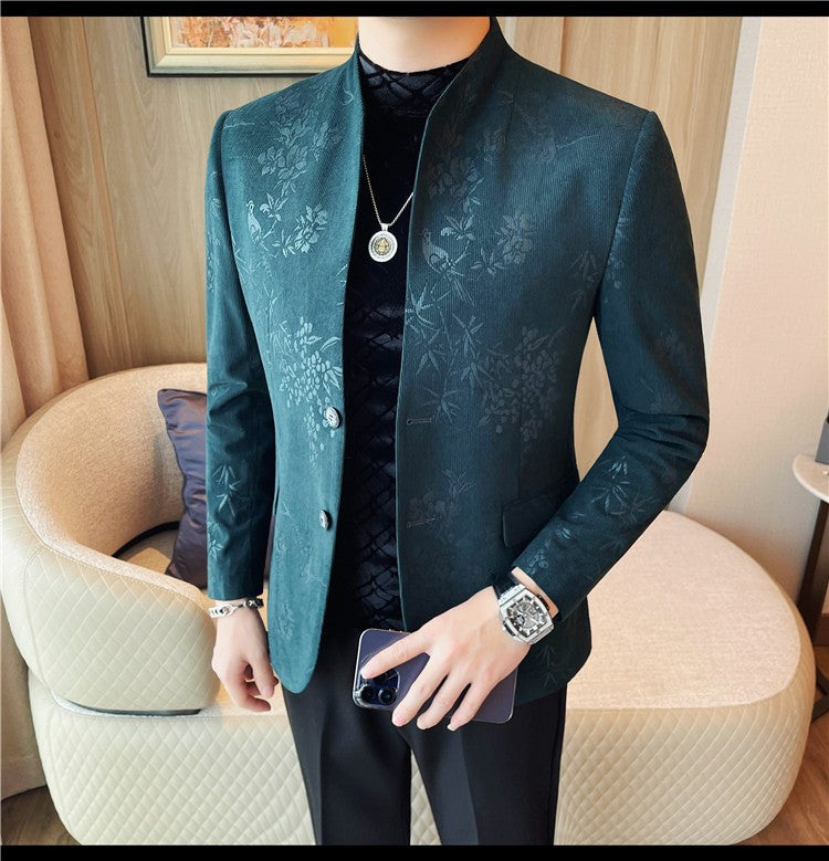 Men's New Chinese Stand Collar Blazer Jacket 2025 Fashion Elegant Printed Slim Fit Business Suits Jacket Tailcoat Men Clothing