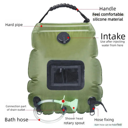20L Solar Shower Bag,5 Gallon Military Green Camping Shower, Portable Outdoor Washing Bag for Hiking/Beach/Travel