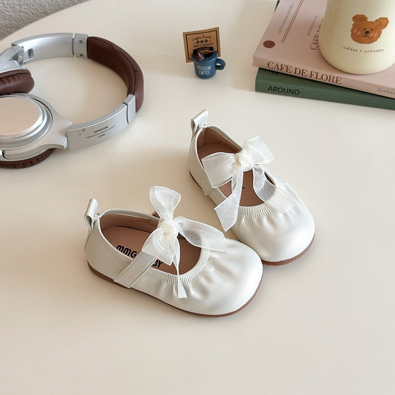 Baby Girl Princess Shoes Shine Surface Korean Style Lace Bow Casual Flats Non-Slip Toddler Kid Wedding Party Adorable Baby Shoes