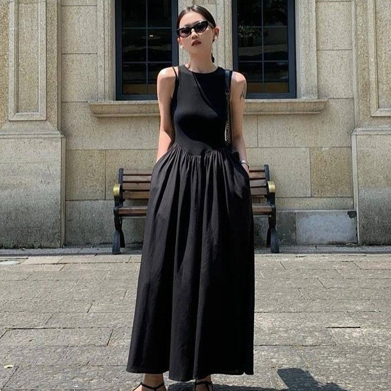 HXAO Black Dress Women Slim Simple O Neck Sleeveless Long Dress Holiday Dress Street Casual Dresses 2025 Women's Summer Dress