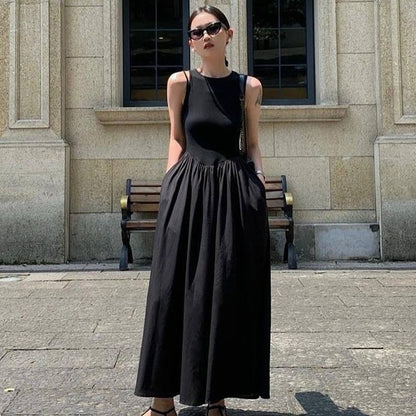 HXAO Black Dress Women Slim Simple O Neck Sleeveless Long Dress Holiday Dress Street Casual Dresses 2025 Women's Summer Dress