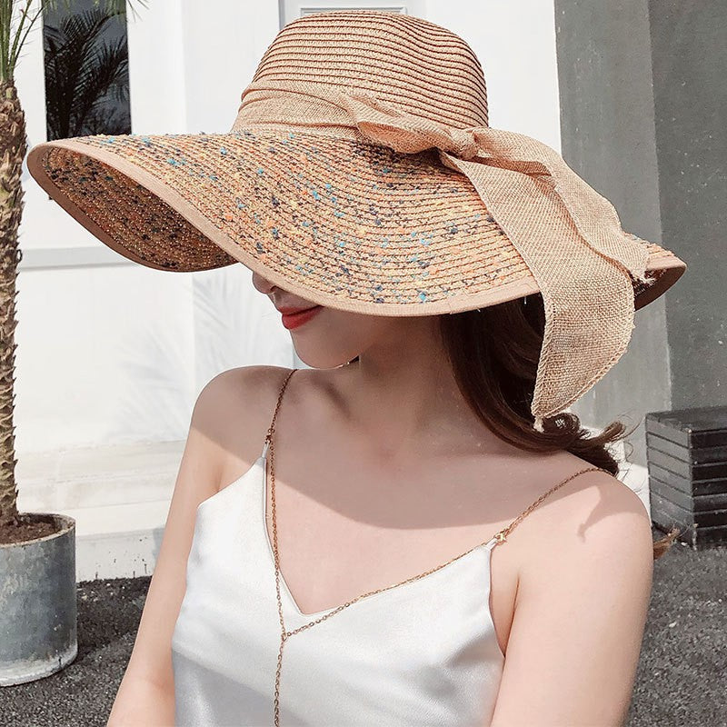 Chapéu de sol de palha feminino, estilo coreano, aba grande, à prova de sol, chapéu de férias dobrável, para praia e ar livre.  ????  ??