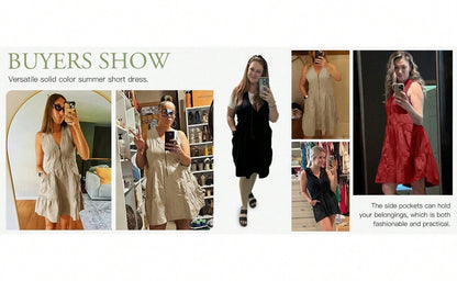 Fisoew Women's Sleeveless Mini Dress Half Zip V Neck Casual Mesh Back Summer Dress with Pockets sexy dress