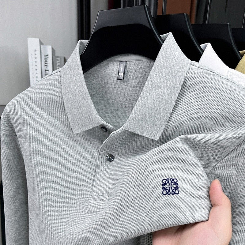 100% pure cotton spring and autumn fashionable men's collar striped long sleeved polo shirt brand embossed casual T-shirt