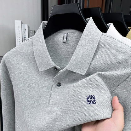 100% pure cotton spring and autumn fashionable men's collar striped long sleeved polo shirt brand embossed casual T-shirt