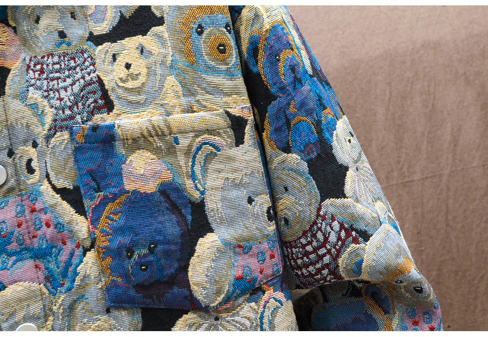 Men Teddy Bear 3/4 Sleeve Jacket Fashion Animal Pattern Coat Jacquard Woven Top Outerwear