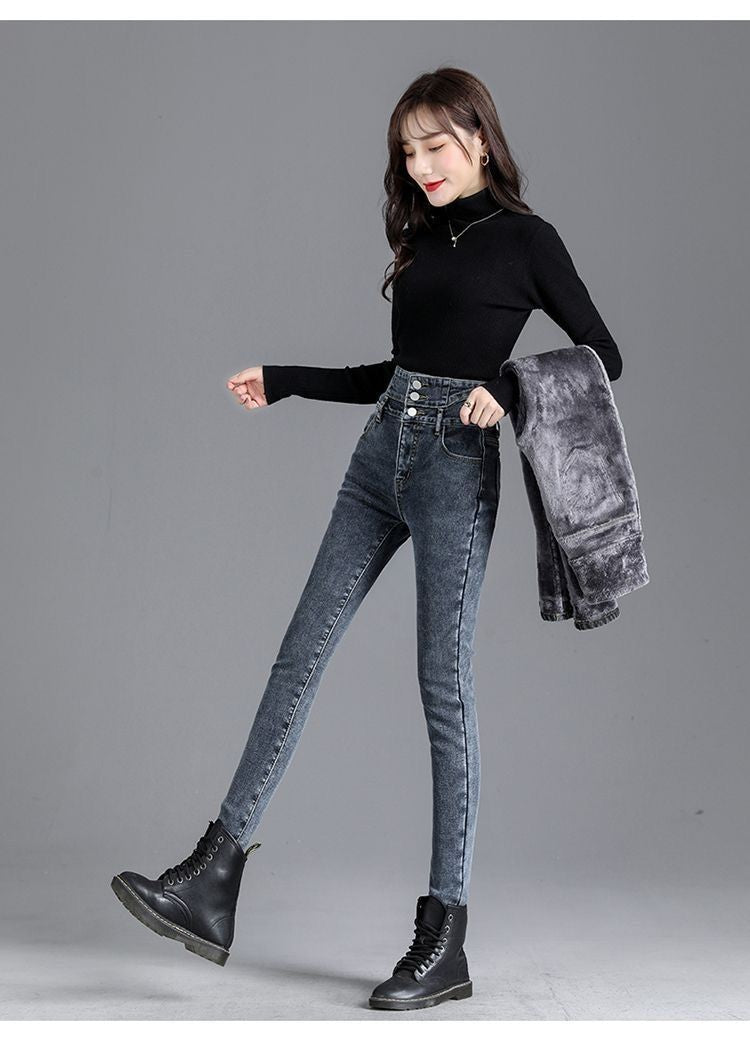 High Waist Slim Fit Fleece Lined Thickened Pencil Long Jeans Women's Autumn Winter New Style Fashionable And Elegant