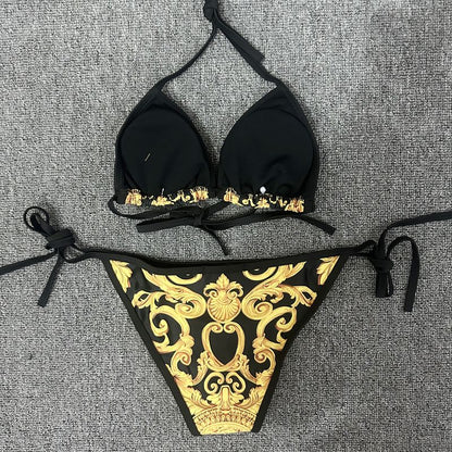 New Sexy Swimsuit Golden Floral Print Two Piece Bikini Female Brazilian Bather Bathing Suit Women Swimwear Beach biquínis