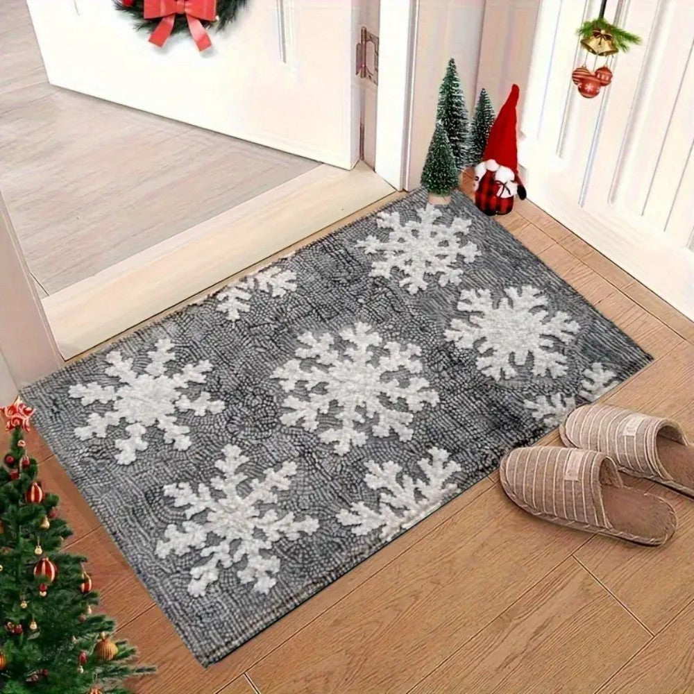 VIKAMA 1PC Winter Christmas Floor Mat 2D Print White Snowflake Pattern Bathroom Kitchen Entrance Home Bedroom Holiday Decor Rug