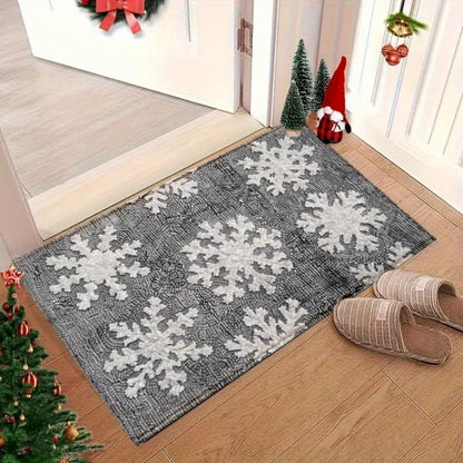 VIKAMA 1PC Winter Christmas Floor Mat 2D Print White Snowflake Pattern Bathroom Kitchen Entrance Home Bedroom Holiday Decor Rug