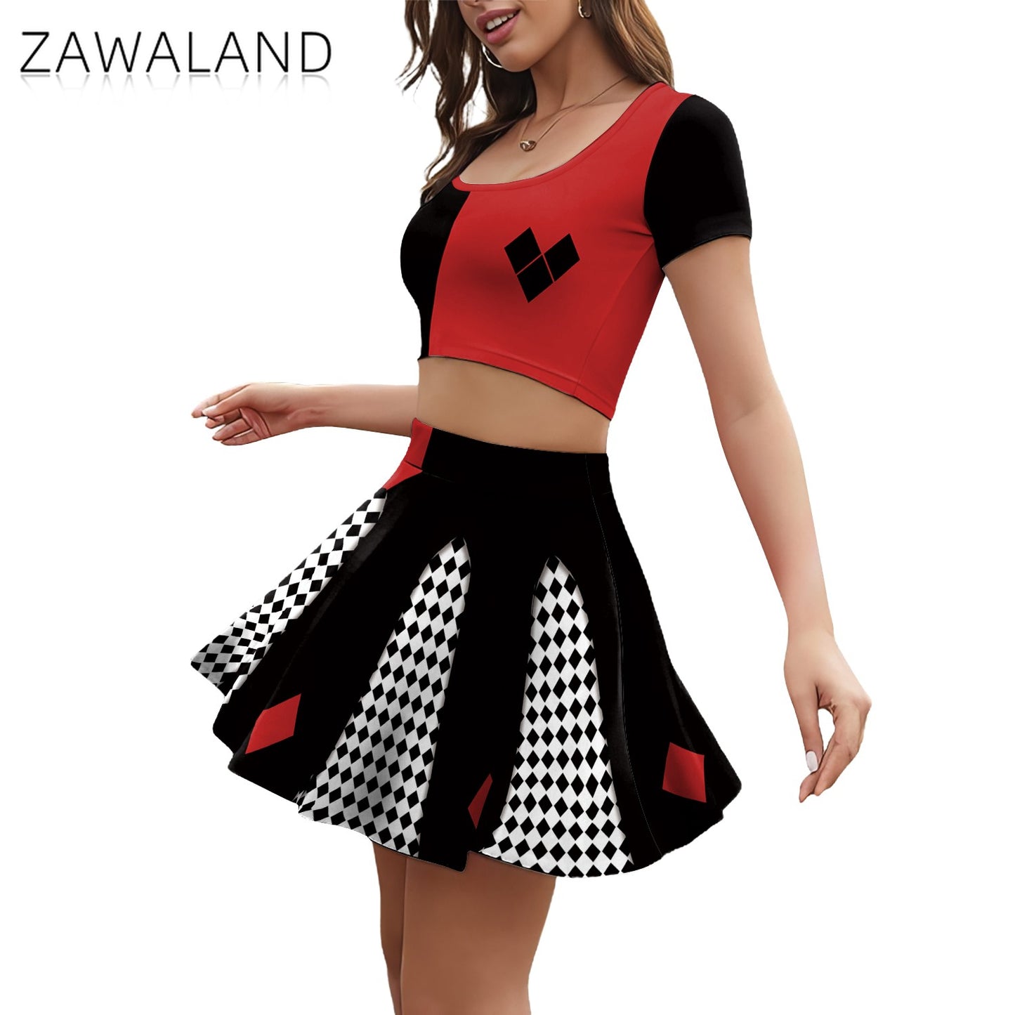 Movie Clown Cosplay Costume Halloween Harry Q Party Outfit Red Black Crop Top Performance Pleated Skirt Carnival Holiday Dresses