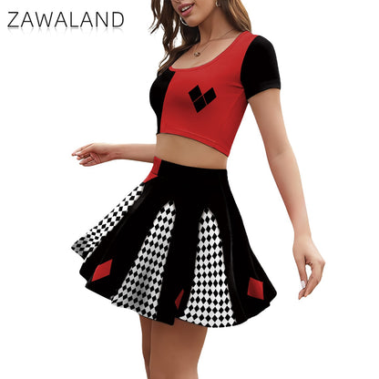 Movie Clown Cosplay Costume Halloween Harry Q Party Outfit Red Black Crop Top Performance Pleated Skirt Carnival Holiday Dresses