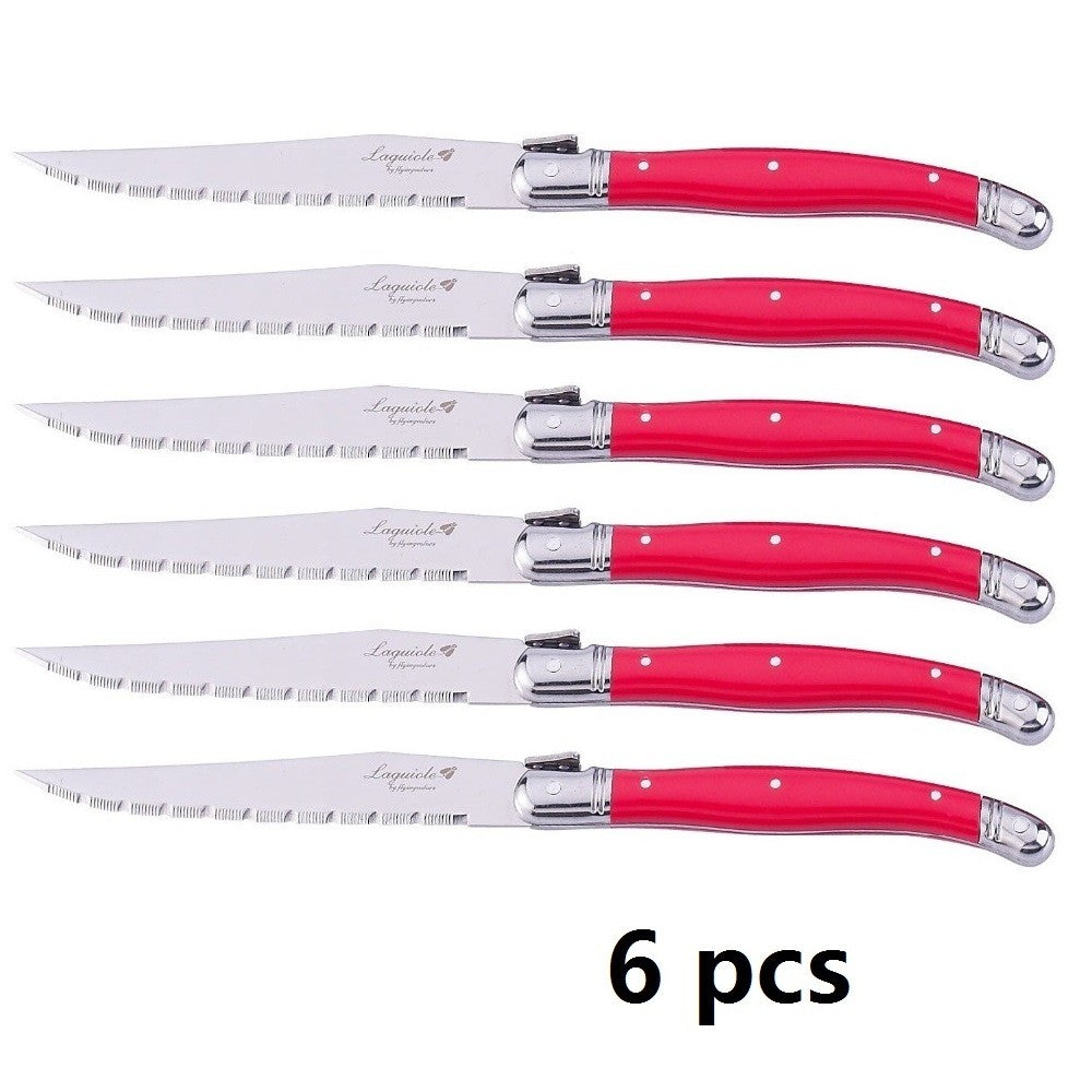 Conjunto de Facas de Churrasco Laguiole em Aço Inoxidável 6/7 Peças, Facas de Churrasco com Suporte de Madeira, Faca de Jantar de Aço, Conjunto de Talheres Coloridos de Natal