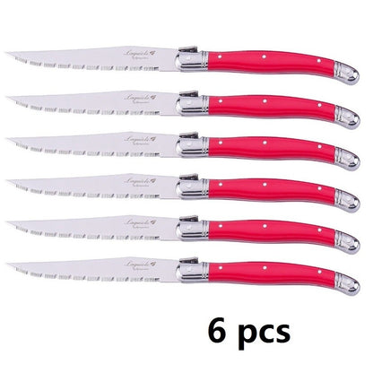 Conjunto de Facas de Churrasco Laguiole em Aço Inoxidável 6/7 Peças, Facas de Churrasco com Suporte de Madeira, Faca de Jantar de Aço, Conjunto de Talheres Coloridos de Natal