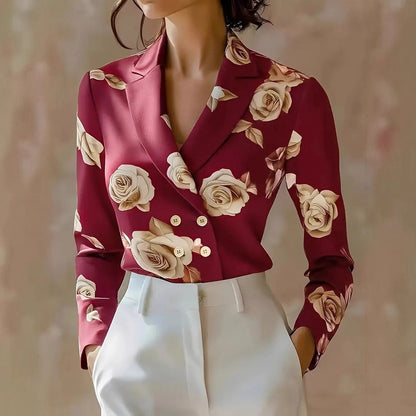 Fashion Flower Print Shirts For Women 2025 Autumn Winter Long Sleeve Turn-down Collar Loose Blouses Tops Elegant