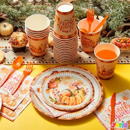 175 PCS Thanksgiving Disposable Paper Plates Paper Gold Disposable Dinnerware Set for Fall Harvest Thanksgiving Parties Ideal f