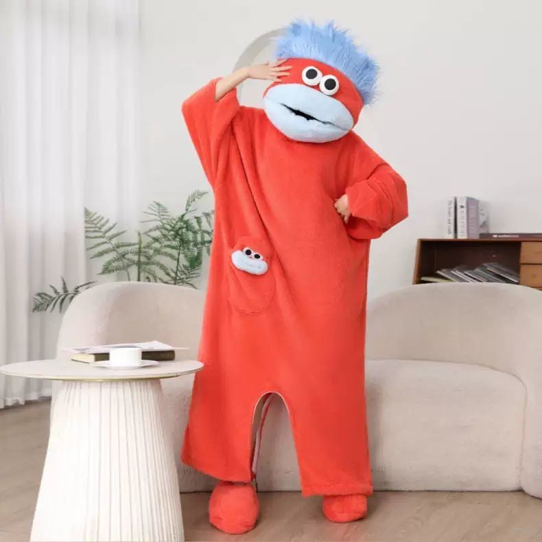 Funny Big Mouth Monster Onesie Pajamas Fluffy Coral Fleece Hooded Loungewear with Pocket Cartoon Party Costume