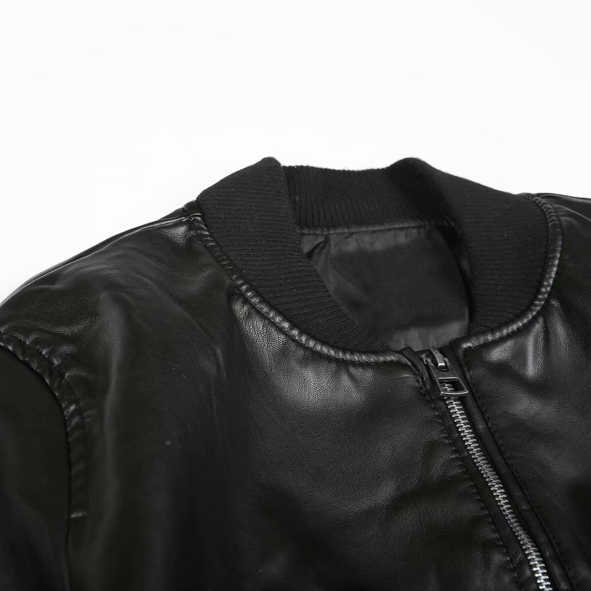 BSK&TRAF Hot Girl Stand Collar Distressed Faux Leather Bomber Jacket 2025 Women's Fashion Commuter Leather Jacket