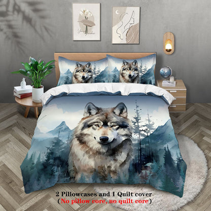 Conjunto de 3 peças, jogo de cama com estampa de lobo, queen, king, cama de casal, para quarto, quarto de hóspedes, hotel, decoração de casa