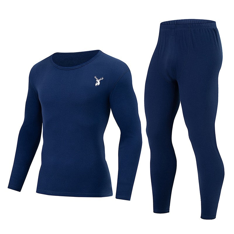 2-piece Autumn And Winter Men's Fashion Lucky Deer Pattern Solid Color Basic Warm Underwear Set Comfortable Long Sleeve Pants
