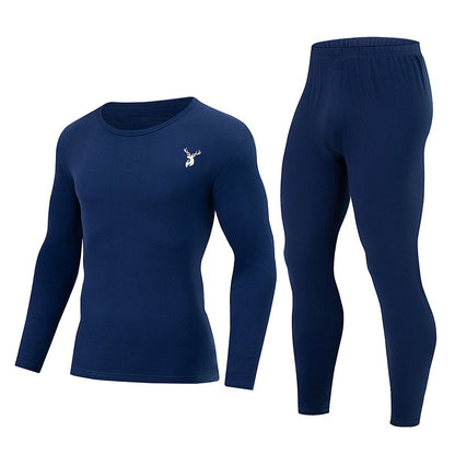 2-piece Autumn And Winter Men's Fashion Lucky Deer Pattern Solid Color Basic Warm Underwear Set Comfortable Long Sleeve Pants