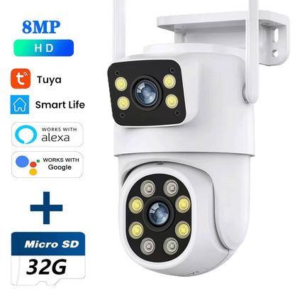 Câmera WIFI PTZ de Lente Dupla Tuya 4K 8MP para Exterior com Tela Dupla Ai Detecção Humana Automática Segurança com Alexa Google