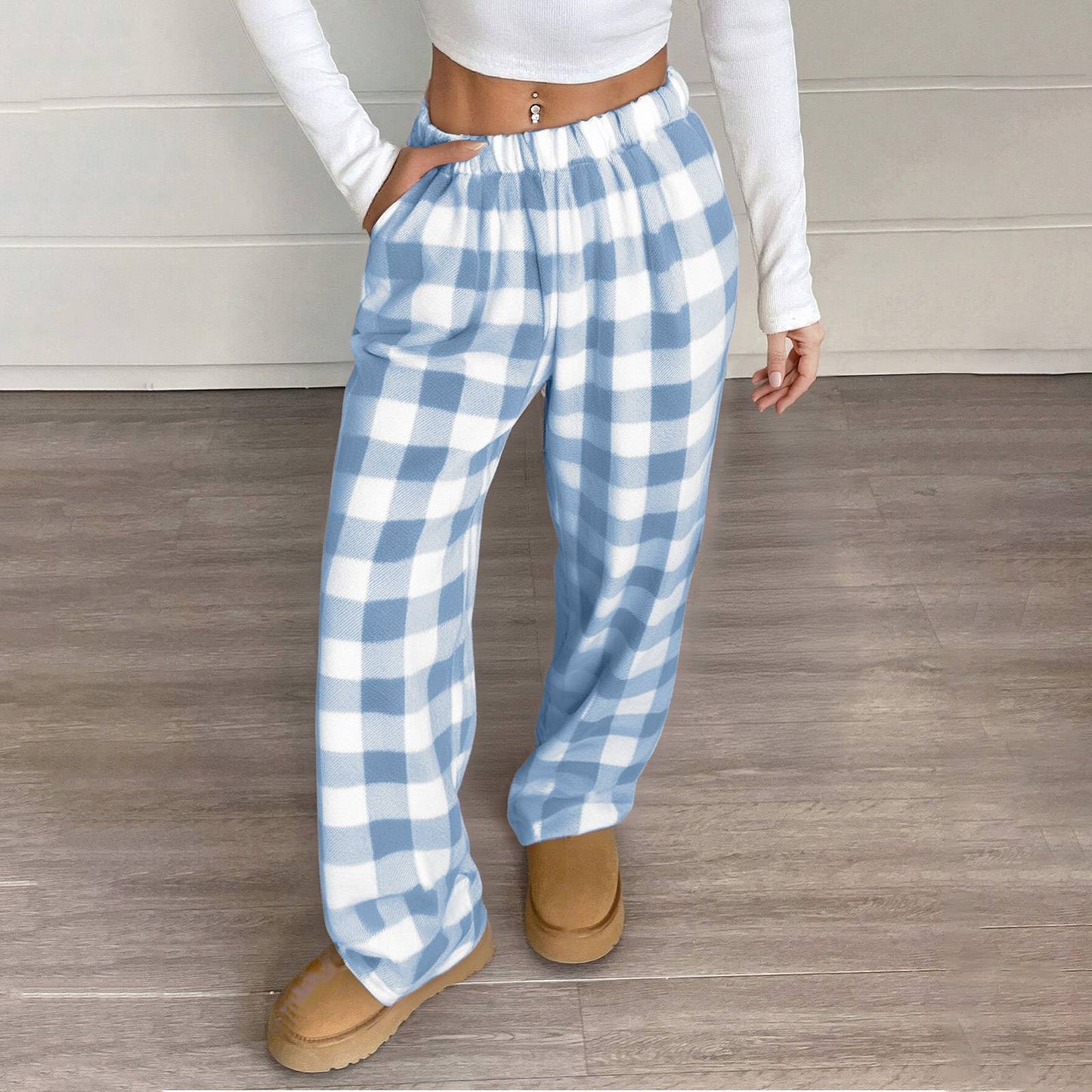 Women Pajama Pants Yoga Pants Elastic Waist Fuzzy Fleece Plaid Bottoms Soft Lounge Sleepwear With Pockets Plush Pajamas Pants