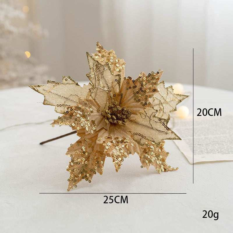 Gold Simulation Christmas Flower Christmas Tree Decorative Flower 20cm Sequin Velvet Ecoration