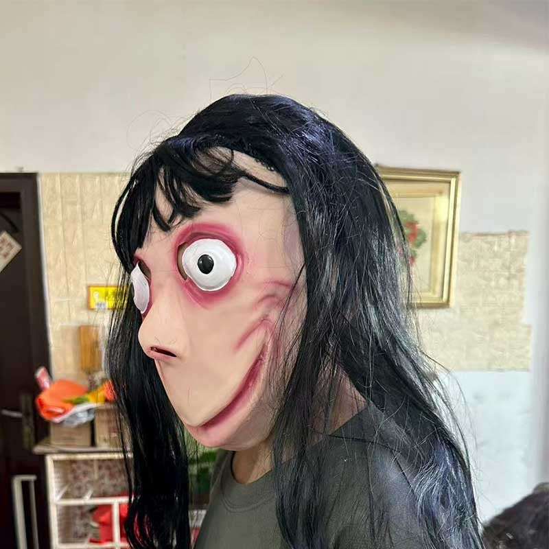 Halloween Creepy Female Ghost Momo Mask, Latex Horror Full Face Mask With Long Hair, Spooky Prank Mask For Adult Cosplay, Bar Pa