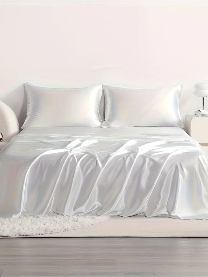 4pcs Cooling Satin Bed Sheet Set, Shrink-Resistant, Fade-Resistant, Hypoallergenic, Breathable, Flat Sheet & Fitted Sheet & Pill