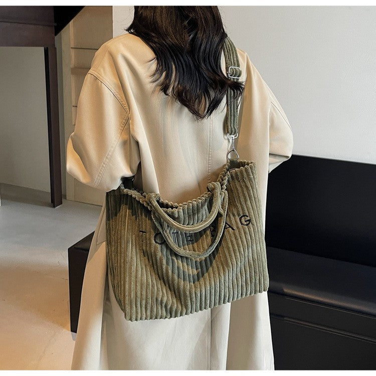 Large Capacity Striped Velvet Handbag Shoulder Bag for Woman Handbags Crossbody Bags, Versatile Letter Corduroy Women's Tote Bag