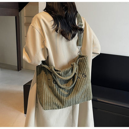 Large Capacity Striped Velvet Handbag Shoulder Bag for Woman Handbags Crossbody Bags, Versatile Letter Corduroy Women's Tote Bag