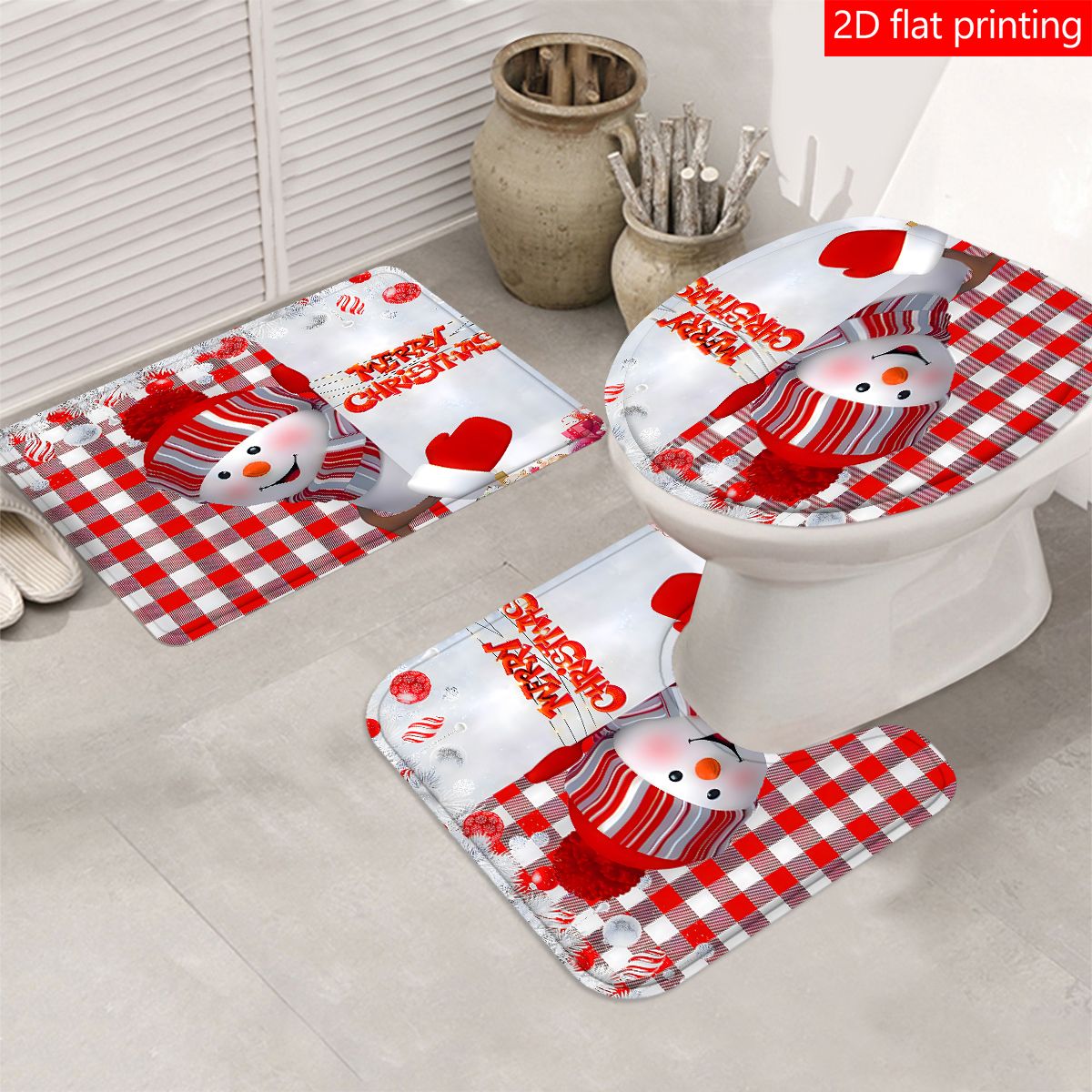 4pc Christmas red checkered snowman bath curtain, bath curtain waterproof fabric bathroom decorative curtain with 12 hooks, anti